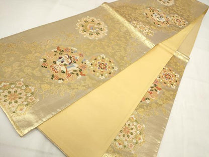 平和屋着物◎六通柄袋帯 花鳥唐草文 金糸 正絹 逸品 AABG6391wj