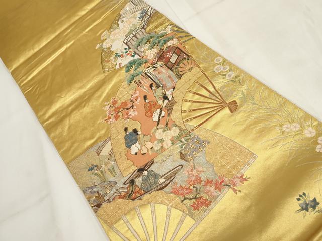 平和屋着物▼太鼓柄袋帯　雅王朝扇面　金糸　正絹　逸品　AABG6459wj