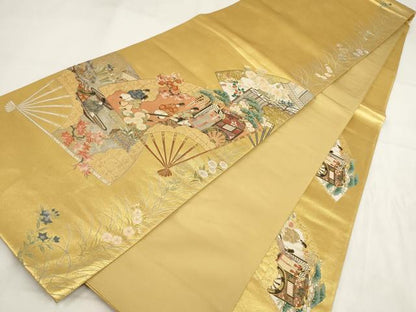 平和屋着物▼太鼓柄袋帯　雅王朝扇面　金糸　正絹　逸品　AABG6459wj