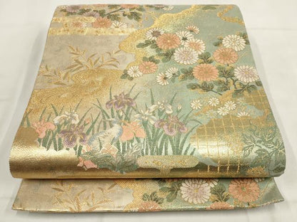平和屋着物▼六通柄袋帯　道長花鳥文　金糸　正絹　逸品　AABG6460wj