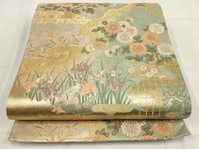 平和屋着物▼六通柄袋帯　道長花鳥文　金糸　正絹　逸品　AABG6460wj