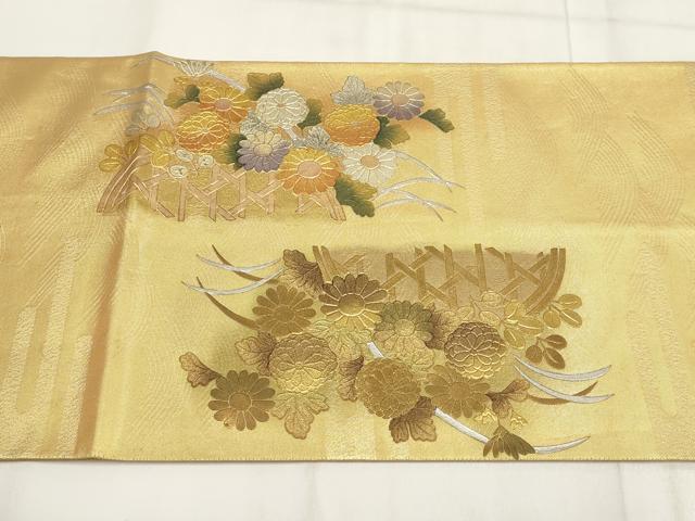 平和屋着物▼太鼓柄袋帯　草花文　金銀彩　正絹　逸品　AABG6461wj