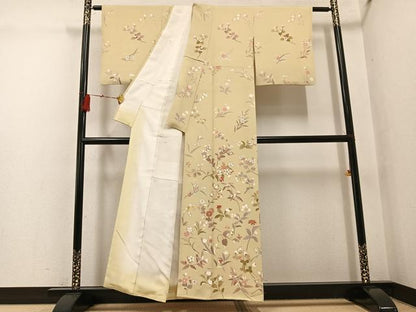 平和屋着物●訪問着　駒刺繍　草花文　正絹　逸品　AABG6486ph