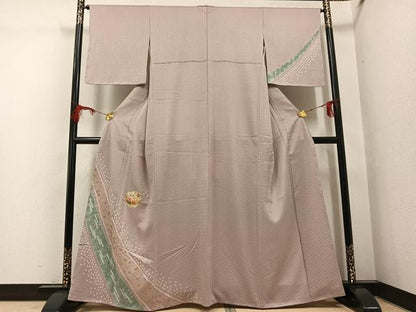 平和屋着物●訪問着　駒刺繍　絞り　草花文　金彩　正絹　逸品　未使用　AABG6488ph