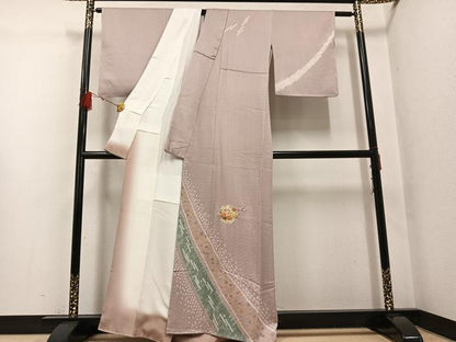 平和屋着物●訪問着　駒刺繍　絞り　草花文　金彩　正絹　逸品　未使用　AABG6488ph