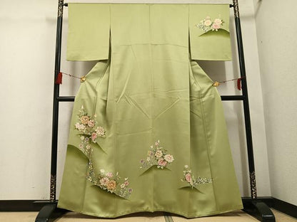 平和屋着物●訪問着　駒刺繍　草花文　金彩　大丸扱い　正絹　逸品　AABG6490ph