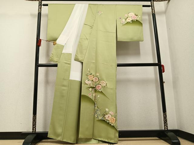 平和屋着物●訪問着　駒刺繍　草花文　金彩　大丸扱い　正絹　逸品　AABG6490ph