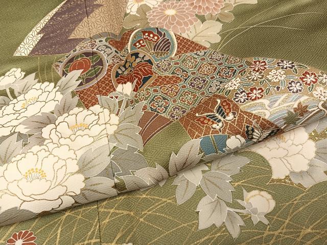 平和屋着物●訪問着　扇面花蝶文　金彩　正絹　逸品　AABG6495ph