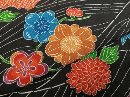 平和屋着物●洗える最高級着物　＜英＞はなぶさ謹製　小紋　立波草花文　黒地　未使用　AABG6506ph