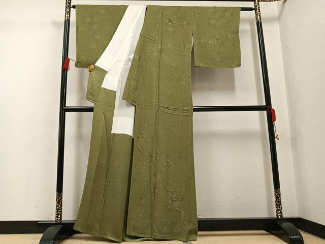 平和屋着物●無地絵羽訪問着　辻が花　刺繍　色無地　根岸色　正絹　逸品　未使用　AABG6509ph