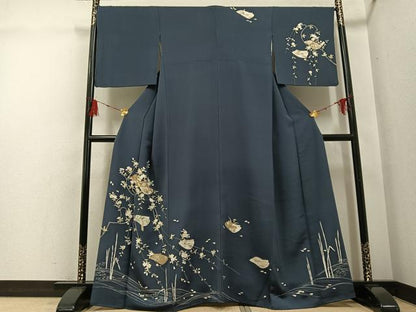 平和屋着物●訪問着　友禅　駒刺繍　草花文　金彩　正絹　逸品　AABG6511ph