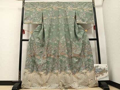平和屋着物●訪問着 作家物 紬地 中国三大刺繍 スワトウ刺繍 汕頭刺繍 風景人物草花文 金糸 ほていや扱い 色紙付き 正絹 逸品 AABG6513ph