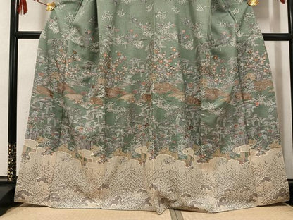 平和屋着物●訪問着 作家物 紬地 中国三大刺繍 スワトウ刺繍 汕頭刺繍 風景人物草花文 金糸 ほていや扱い 色紙付き 正絹 逸品 AABG6513ph