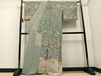 平和屋着物●訪問着 作家物 紬地 中国三大刺繍 スワトウ刺繍 汕頭刺繍 風景人物草花文 金糸 ほていや扱い 色紙付き 正絹 逸品 AABG6513ph
