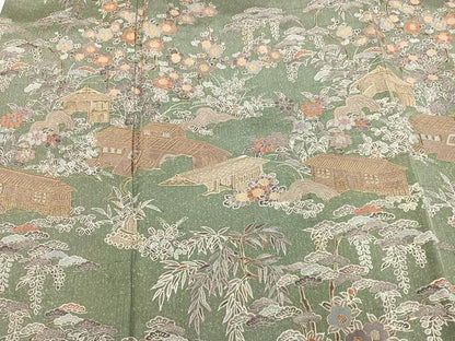 平和屋着物●訪問着 作家物 紬地 中国三大刺繍 スワトウ刺繍 汕頭刺繍 風景人物草花文 金糸 ほていや扱い 色紙付き 正絹 逸品 AABG6513ph