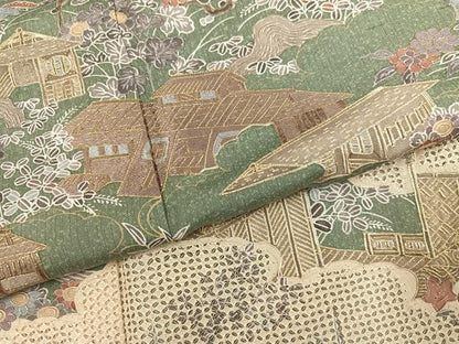 平和屋着物●訪問着 作家物 紬地 中国三大刺繍 スワトウ刺繍 汕頭刺繍 風景人物草花文 金糸 ほていや扱い 色紙付き 正絹 逸品 AABG6513ph