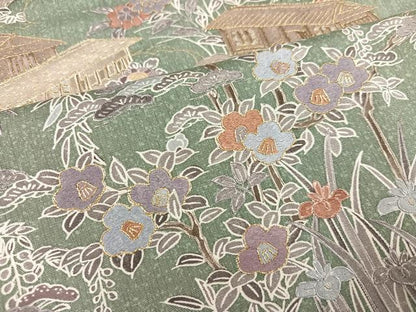 平和屋着物●訪問着 作家物 紬地 中国三大刺繍 スワトウ刺繍 汕頭刺繍 風景人物草花文 金糸 ほていや扱い 色紙付き 正絹 逸品 AABG6513ph