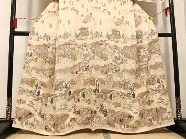 平和屋着物●訪問着　中国三大刺繍　スワトウ刺繍　汕頭刺繍　人物風景文　金糸　正絹　逸品　未使用　AABG6524ph