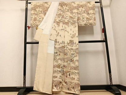 平和屋着物●訪問着　中国三大刺繍　スワトウ刺繍　汕頭刺繍　人物風景文　金糸　正絹　逸品　未使用　AABG6524ph