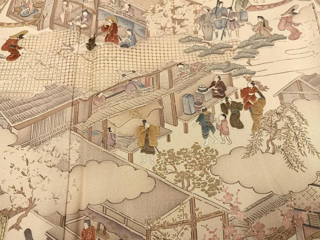 平和屋着物●訪問着　中国三大刺繍　スワトウ刺繍　汕頭刺繍　人物風景文　金糸　正絹　逸品　未使用　AABG6524ph