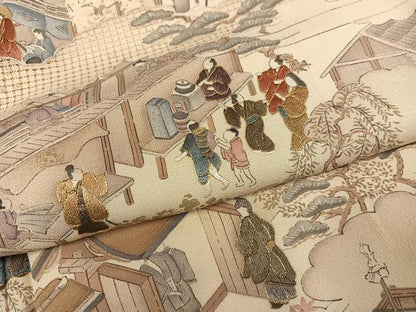 平和屋着物●訪問着　中国三大刺繍　スワトウ刺繍　汕頭刺繍　人物風景文　金糸　正絹　逸品　未使用　AABG6524ph