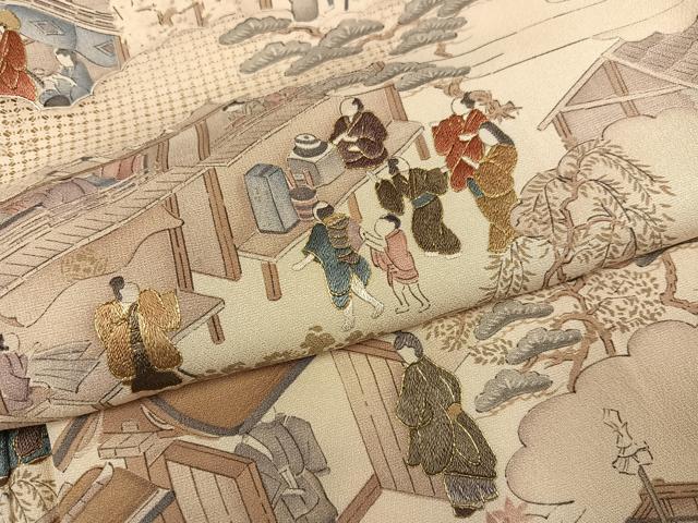 平和屋着物●訪問着　中国三大刺繍　スワトウ刺繍　汕頭刺繍　人物風景文　金糸　正絹　逸品　未使用　AABG6524ph