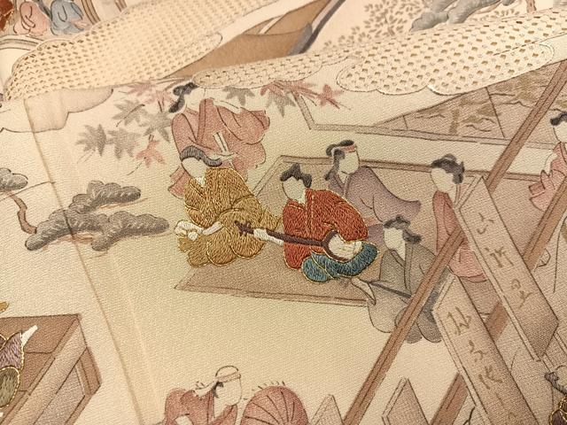 平和屋着物●訪問着　中国三大刺繍　スワトウ刺繍　汕頭刺繍　人物風景文　金糸　正絹　逸品　未使用　AABG6524ph