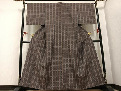 平和屋着物●花織　紬　格子　正絹　逸品　AABG6525ph