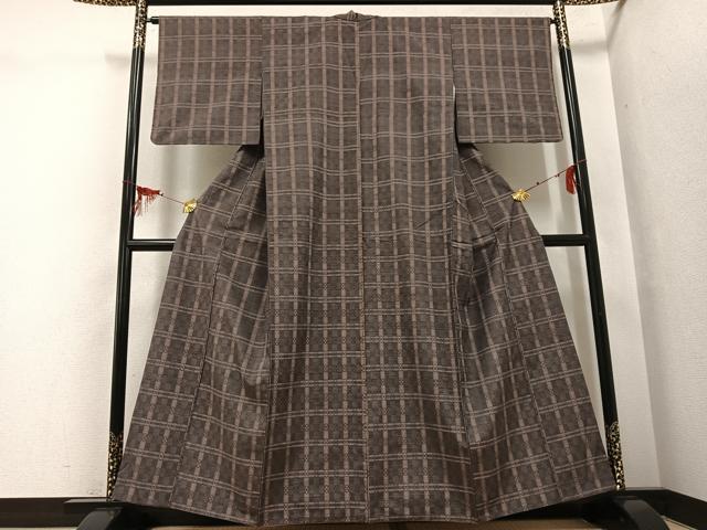 平和屋着物●花織　紬　格子　正絹　逸品　AABG6525ph