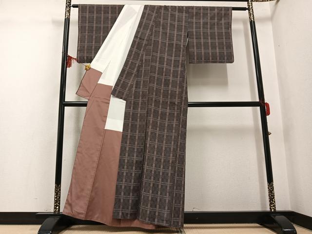 平和屋着物●花織　紬　格子　正絹　逸品　AABG6525ph