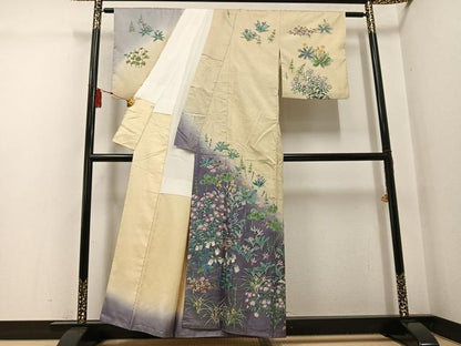 平和屋着物●本場大島紬　染大島　訪問着　作家物　手描き　草花文　暈し染め　正絹　逸品　AABG6526ph