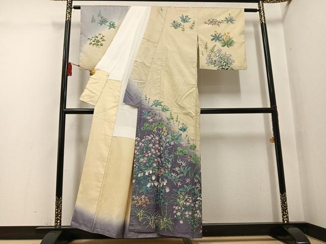 平和屋着物●本場大島紬　染大島　訪問着　作家物　手描き　草花文　暈し染め　正絹　逸品　AABG6526ph