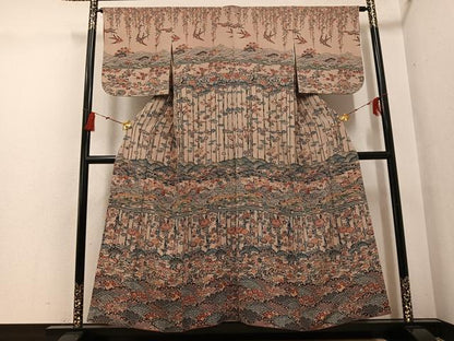平和屋着物●訪問着　型染め　飛鶴花鳥文　正絹　逸品　AABG6530ph