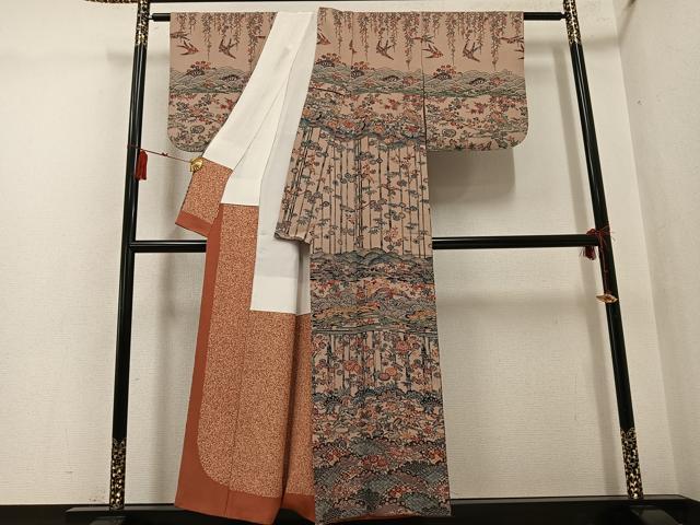 平和屋着物●訪問着　型染め　飛鶴花鳥文　正絹　逸品　AABG6530ph