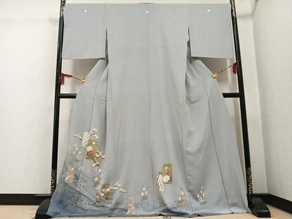 平和屋着物●豪華色留袖　駒刺繍　色紙立波草花文　金銀彩　正絹　逸品　AABG6531ph