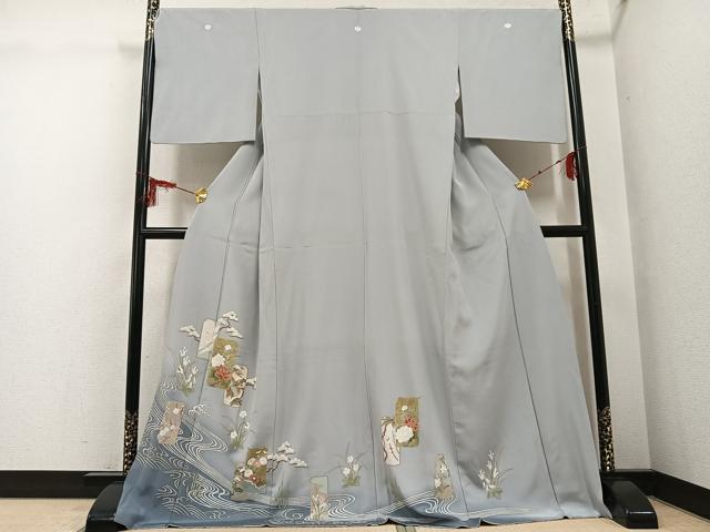 平和屋着物●豪華色留袖　駒刺繍　色紙立波草花文　金銀彩　正絹　逸品　AABG6531ph