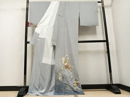 平和屋着物●豪華色留袖　駒刺繍　色紙立波草花文　金銀彩　正絹　逸品　AABG6531ph