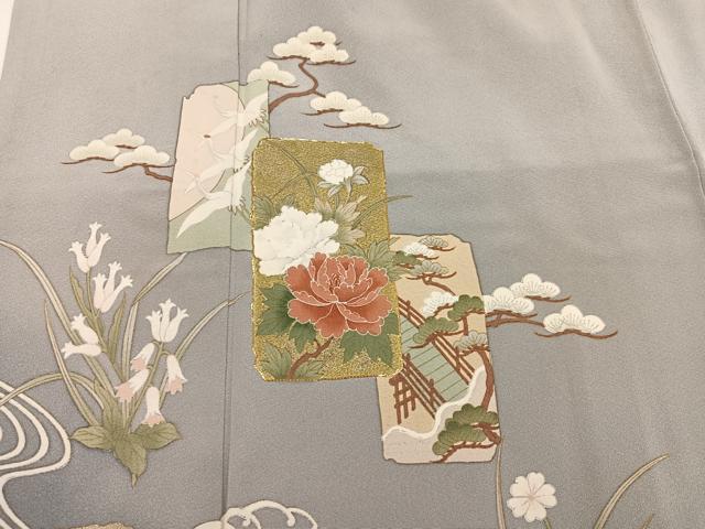 平和屋着物●豪華色留袖　駒刺繍　色紙立波草花文　金銀彩　正絹　逸品　AABG6531ph