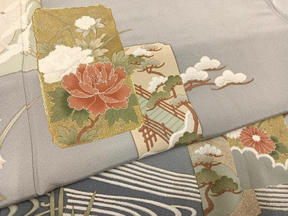 平和屋着物●豪華色留袖　駒刺繍　色紙立波草花文　金銀彩　正絹　逸品　AABG6531ph