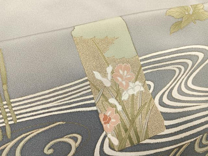 平和屋着物●豪華色留袖　駒刺繍　色紙立波草花文　金銀彩　正絹　逸品　AABG6531ph