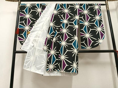 平和屋着物●小振袖　二尺袖　麻の葉文様　黒地　洗える着物　AABG6544ph