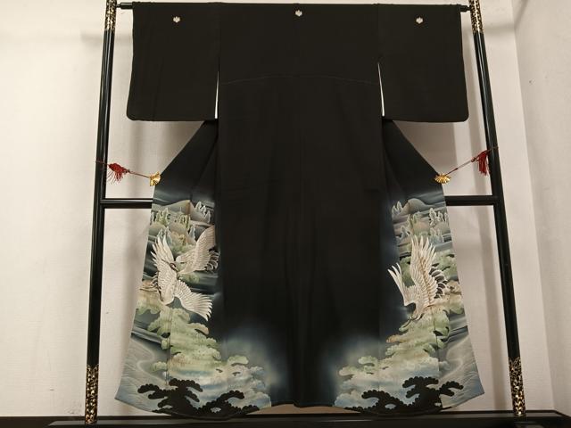 平和屋着物●アンティーク　大正ロマン　黒留袖　刺繍　群鶴風景松文　暈し染め　正絹　逸品　AABG6553ph