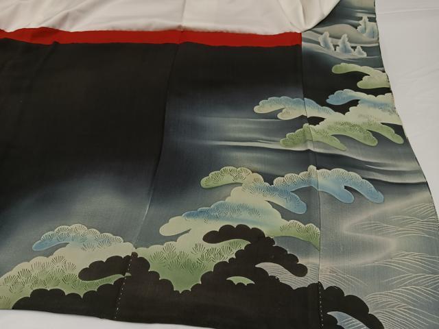 平和屋着物●アンティーク　大正ロマン　黒留袖　刺繍　群鶴風景松文　暈し染め　正絹　逸品　AABG6553ph