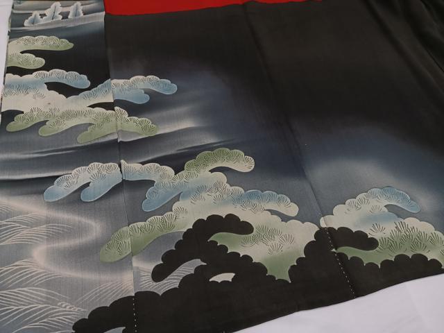 平和屋着物●アンティーク　大正ロマン　黒留袖　刺繍　群鶴風景松文　暈し染め　正絹　逸品　AABG6553ph
