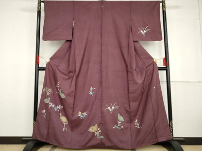 平和屋着物●本加賀友禅作家　成竹登茂男　訪問着　紬地　鶉　正絹　逸品　AABG6577cs