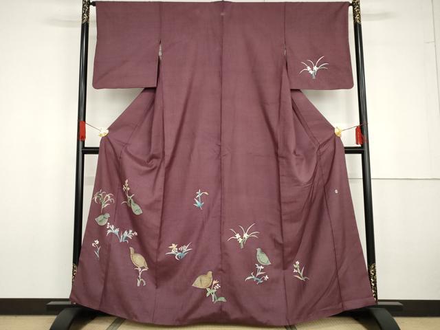 平和屋着物●本加賀友禅作家　成竹登茂男　訪問着　紬地　鶉　正絹　逸品　AABG6577cs
