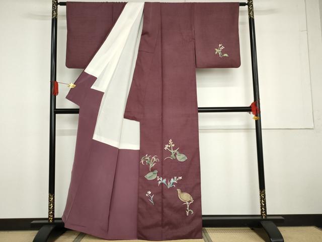 平和屋着物●本加賀友禅作家　成竹登茂男　訪問着　紬地　鶉　正絹　逸品　AABG6577cs