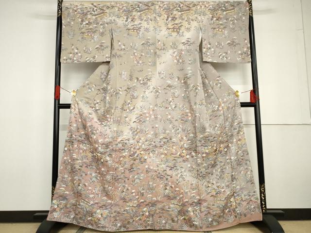 平和屋着物●訪問着　中国三大刺繍　相良刺繍　総刺繍　松竹梅風景文　暈し染め　金糸　正絹　逸品　未使用　AABG6578cs