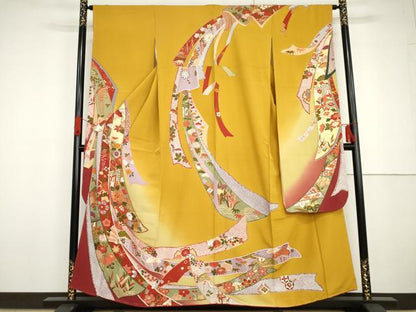 平和屋着物●豪華振袖　御所車鬘帯飛鶴花文　暈し染め　金彩　正絹　逸品　未使用　AABG6579cs