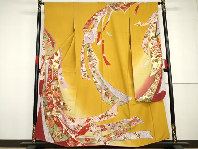 平和屋着物●豪華振袖　御所車鬘帯飛鶴花文　暈し染め　金彩　正絹　逸品　未使用　AABG6579cs